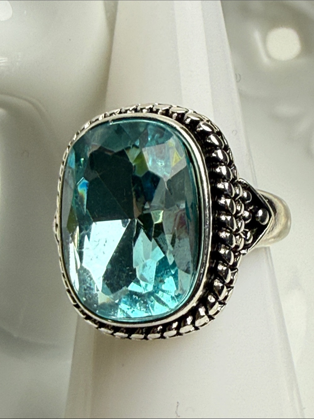 Vintage silver-tone teal faceted Glass Statement Ring Sz 5
